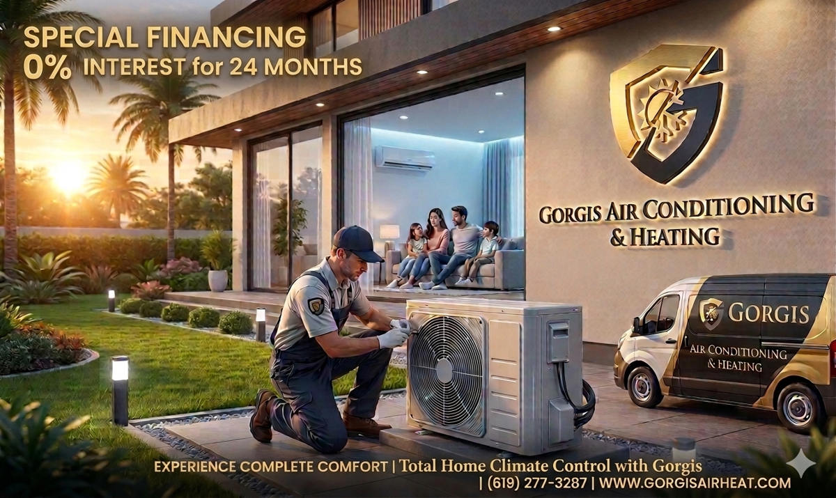 Gorgis Air Conditioning & Heating technician performing full HVAC inspection with company van parked outside